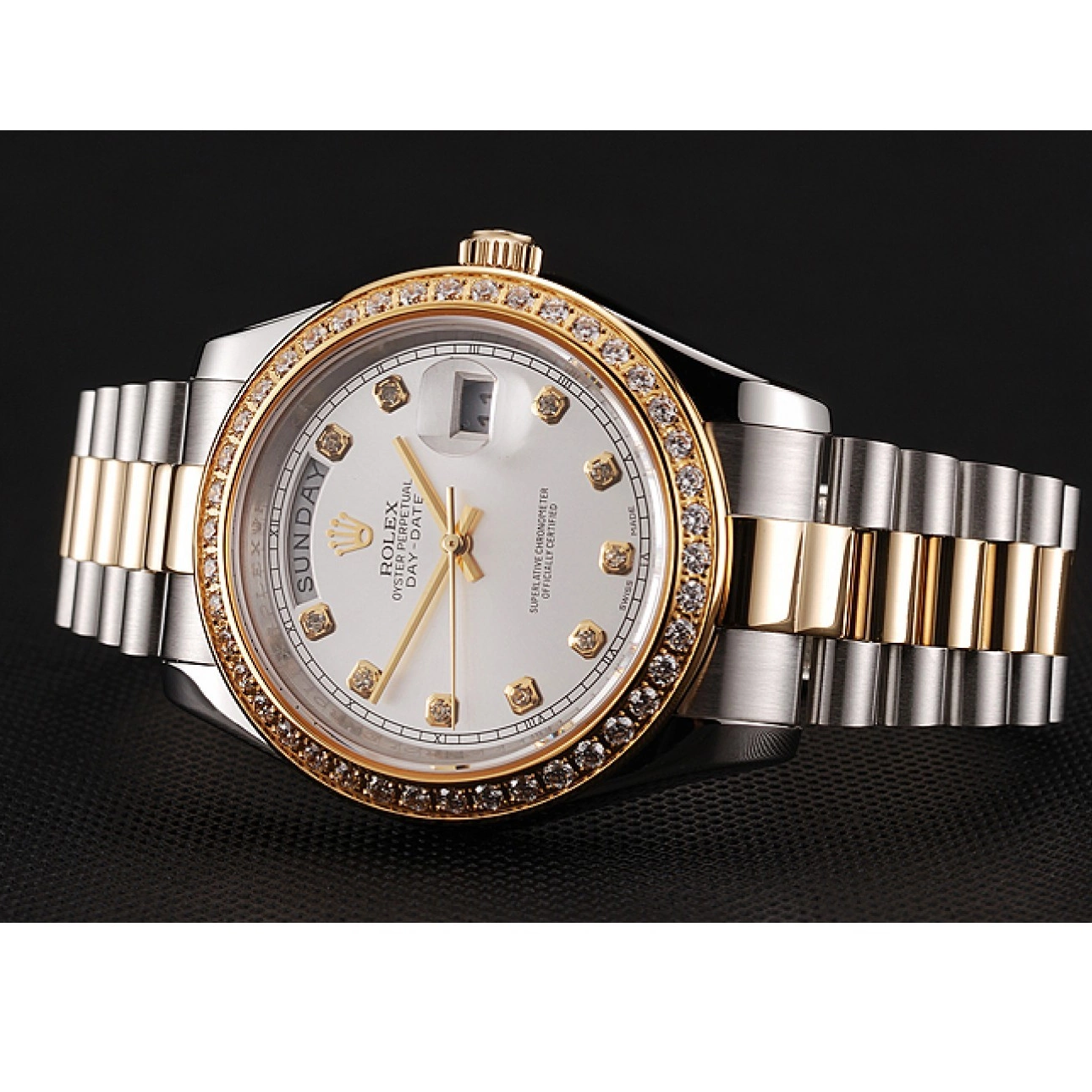 Aaa replica watch Dial Stainless Bracelet Diamond Steel Swiss Case Tone Two Day-Date Rolex White 1453971 Gold 0731